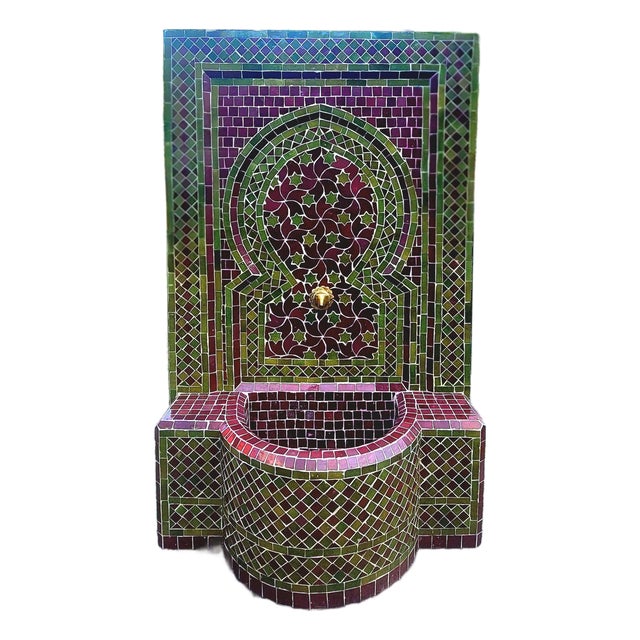 Moroccan Olive Green & Burgundy Mosaic Tile Fountain / Rafraf Style For Sale