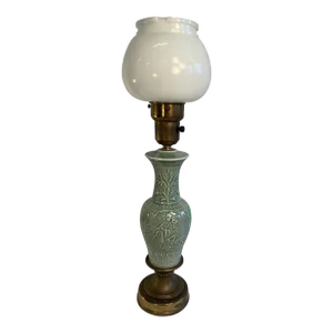 Antique Chinoiserie Celadon Lamp With Milk Glass Globe Top