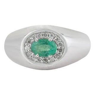 Emerald & Diamond Halo Statement Cocktail Ring in Sterling Silver, Size 7.5 For Sale