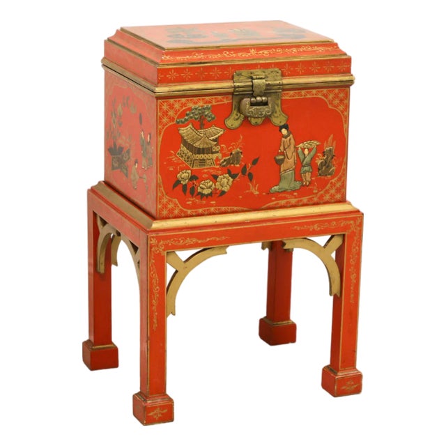 Late 20th Century Red & Gold Paint Decorated Asian Box on Stand For Sale