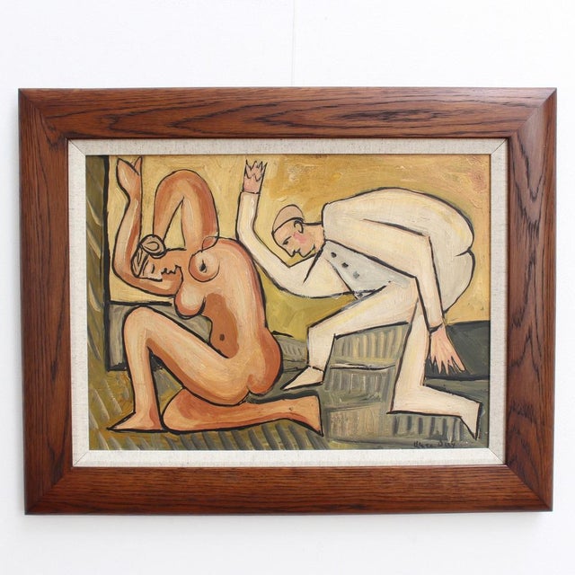 Kneeling nude and mysterious figure', oil on board, by unknown artist from the school of berlin (circa 1960s-70s). This is...