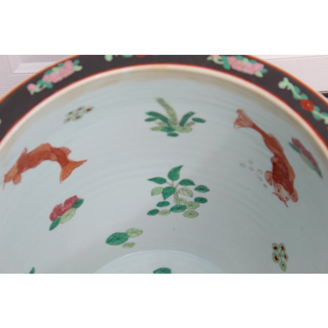 Dark Green Large Antique Chinese Famille Noire Porcelain Fishbowl Jardinière With Wood Stand, C. 1920–1950 For Sale - Image 8 of 17