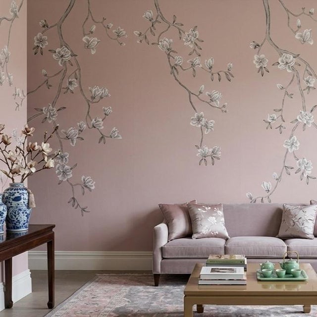 Chinoiserie W36" * H120"/Panel, a Set of 6 Panels Magnolia Wallpaper, Mauve Magnolia Wallpaper For Sale - Image 3 of 6