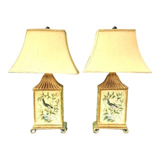 Vintage Chelsea House Chinoiserie Pagoda Bird Floral Scroll Base Gold Shade Table Lamps- a Pair For Sale