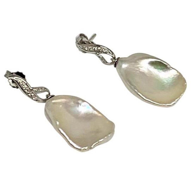 2010s Diamond Large Fresh Water Pearl Earrings Baroque 14k Gold Certified For Sale - Image 5 of 8