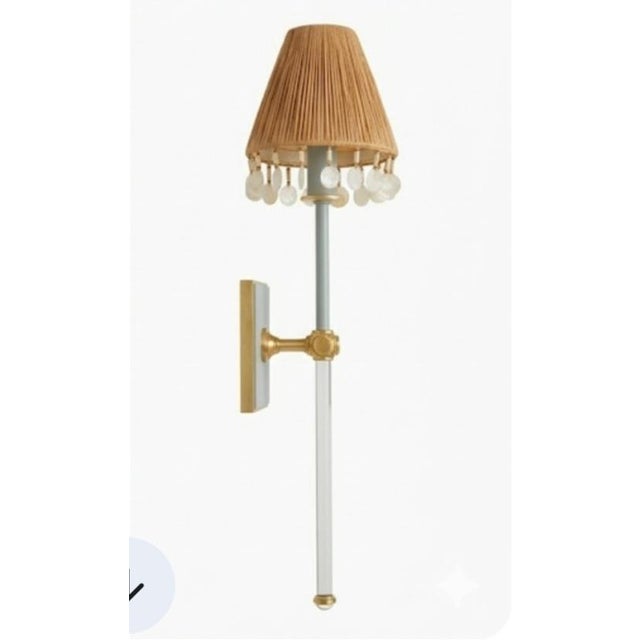 2010s Visual Comfort Baby Blue Glass Rod Jeweled Custom Raffia Shell Trim Shade Single Light Wall Lamp Sconce For Sale - Image 5 of 9