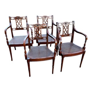 1980s Set of 4 Maitland Smith Regency Mahogany Cane Seat Chairs For Sale