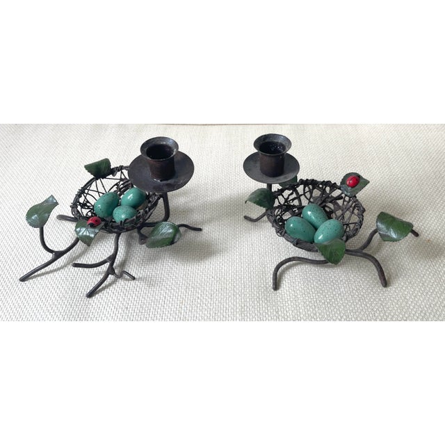 Pair Vintage Tole Bird Nest Candleholders With Eggs and Ladybug For Sale - Image 10 of 10