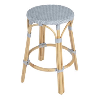 Tobias 24 in. Seat Height Round Rattan Backless Counter Stool, Baby Blue/ Natural Rattan Frame For Sale