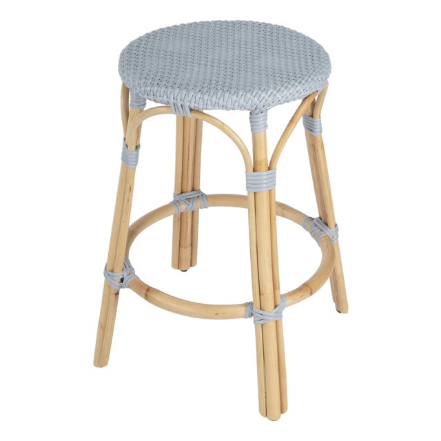 Tobias 24 in. Seat Height Round Rattan Backless Counter Stool, Baby Blue/ Natural Rattan Frame For Sale