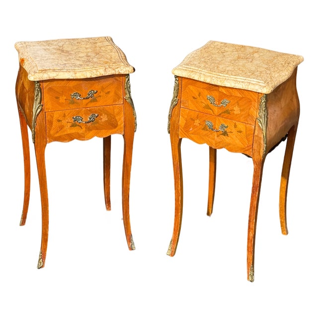 French Louis XV Style Inlaid Bedside Tables with Marble Tops, 1920s, Set of 2 For Sale