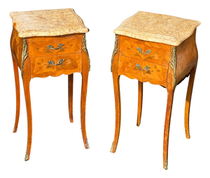 French Louis XV Style Inlaid Bedside Tables with Marble Tops, 1920s, Set of 2