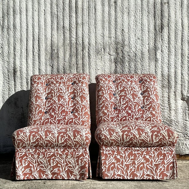 Salmon Vintage Coastal Tufted Coral Print Slipper Chairs - a Pair For Sale - Image 8 of 8