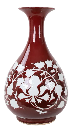 20th-Century Chinese Red-Glazed Vase With White Inscribed Flowers