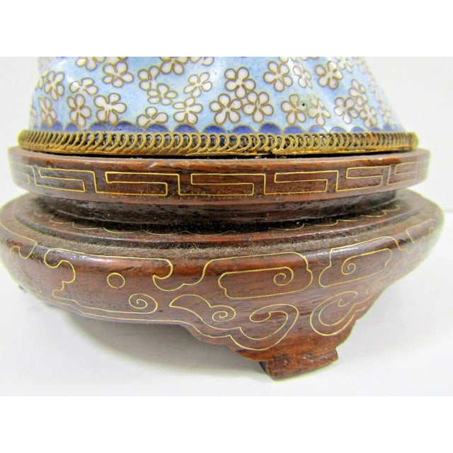 Antique Asian Blue Cloisonne Figurine Holding Brass Vase With Lotus Wood Base For Sale - Image 15 of 16