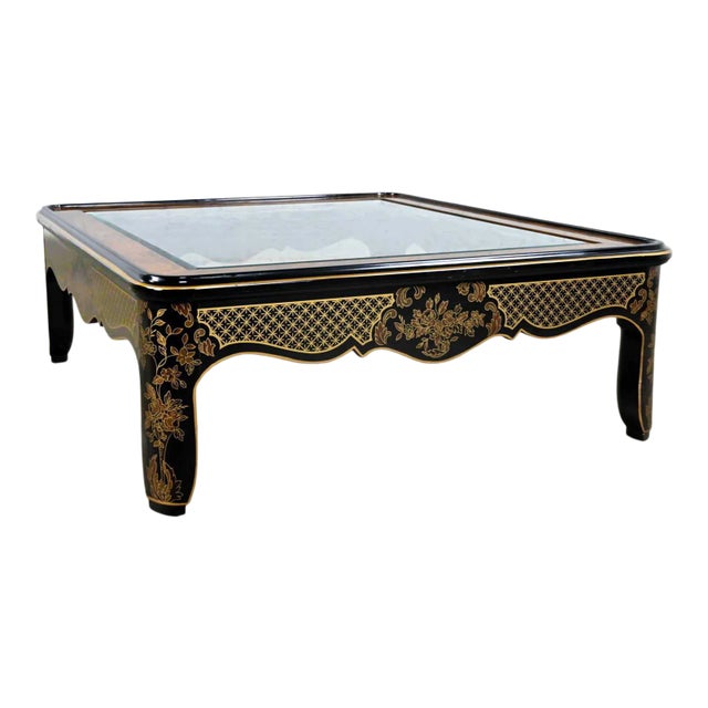 Magnificent Drexel Heritage ET Cetera collection Asian chinoiserie black & gold painted & burl coffee table with beveled...