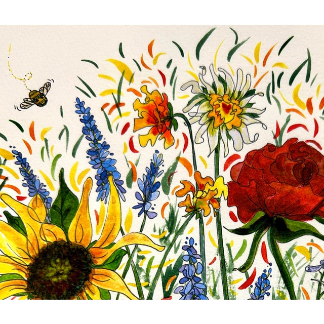 Metal Framed Original Watercolor Painting of “Bees Garden” For Sale - Image 7 of 9