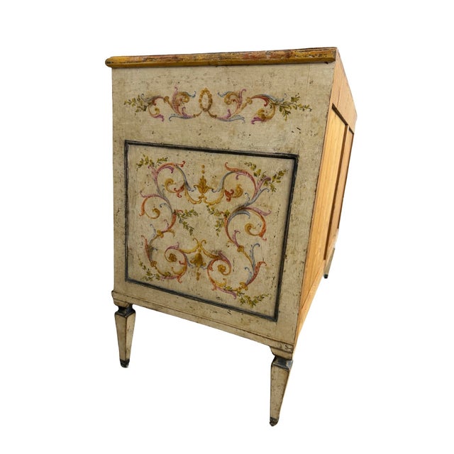 Wood Antique Italian Hand-Painted Commode, 19th Century — Polychrome Scrolling Foliate Decoration For Sale - Image 7 of 18