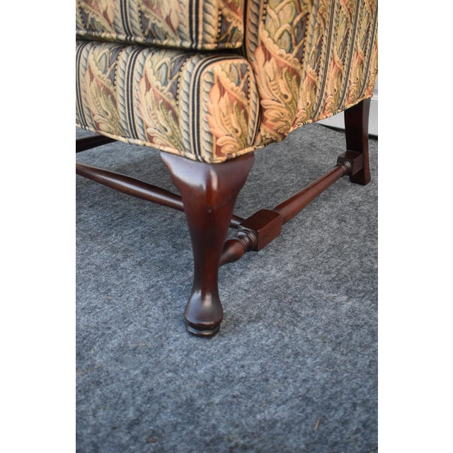 Vintage Queen Anne Wingback Chair Mahogany Cabriole Leg Striped Tapestry Floral For Sale In Philadelphia - Image 6 of 15