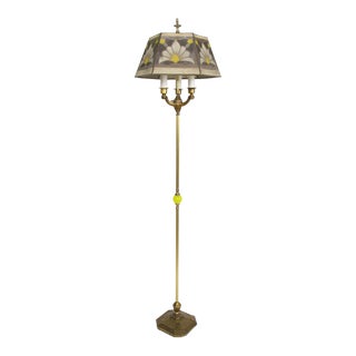 Restored Three Light Floor Lamp With Vaseline Glass Ball and Antique Mesh Shade For Sale
