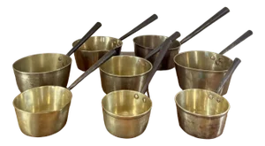 Large Antique Victorian Heavy Brass Saucepans, 1860, Set of 8