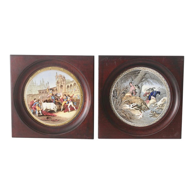 Vintage Kirkhams Ltd. English Ceramic Plates Harwood Frames Bull Fight, the Boar Hunt Mid-Century- a Pair For Sale