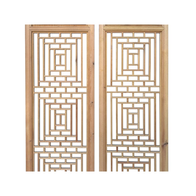 2020s Oriental Geometric Pattern 4 Light Tan Wood Panel Floor Screen Set For Sale - Image 5 of 5