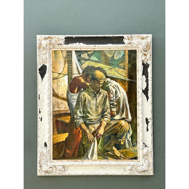 Vintage Canvas Painting of Men at Work For Sale - Image 12 of 12