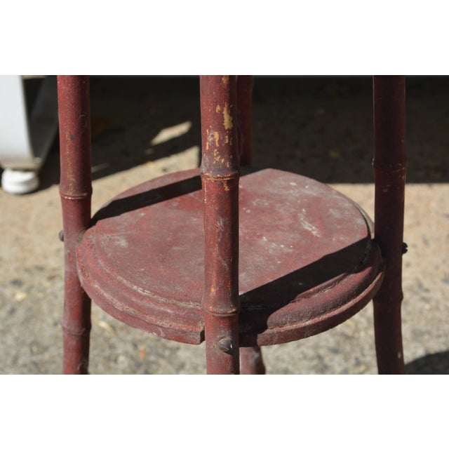 Vintage Oriental Red Round Wooden 2 Tier Bamboo & Wood Table or Plant Stand For Sale - Image 6 of 12