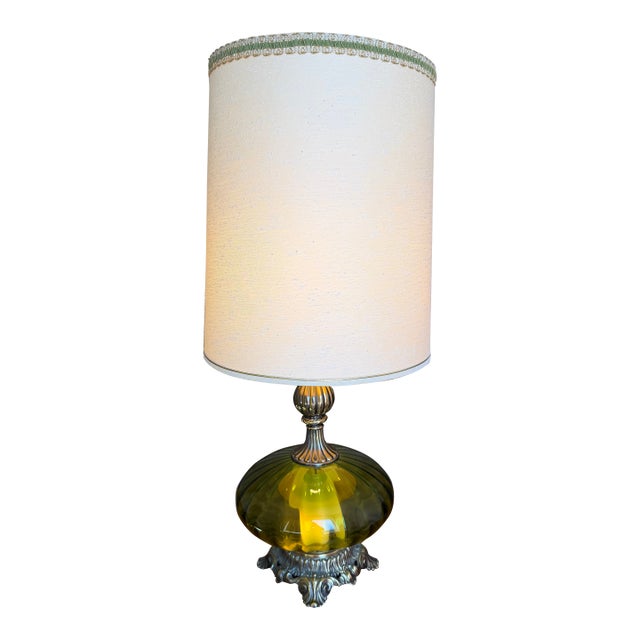 Vintage Hollywood Regency Olive Blown Glass Table Lamp For Sale
