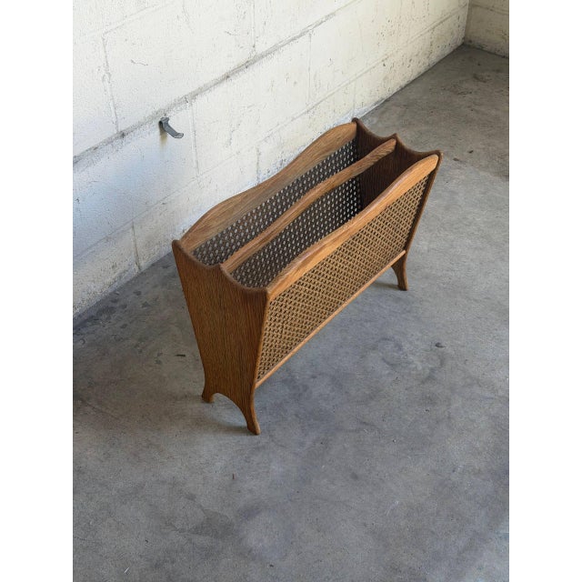 Wood Vintage Danish Modern Oak & Cane Magazine Rack Newspaper Holder For Sale - Image 7 of 9