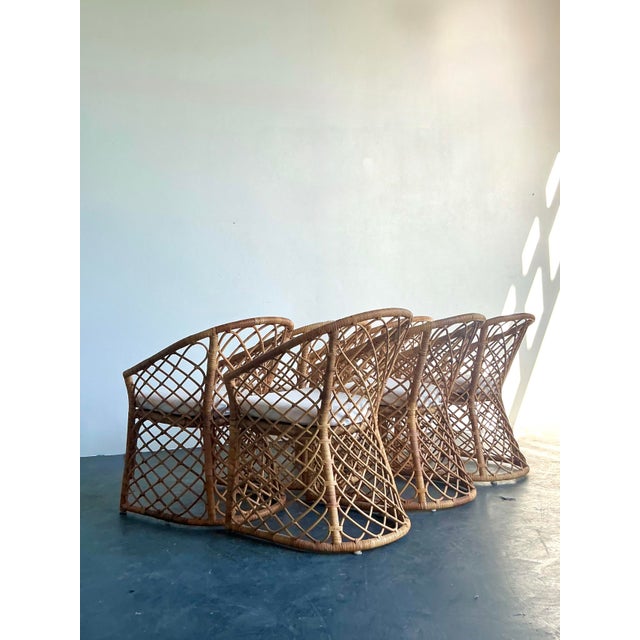 Wood Vintage Boho Trellis Rattan Dining Chairs - Set of 6 For Sale - Image 7 of 12
