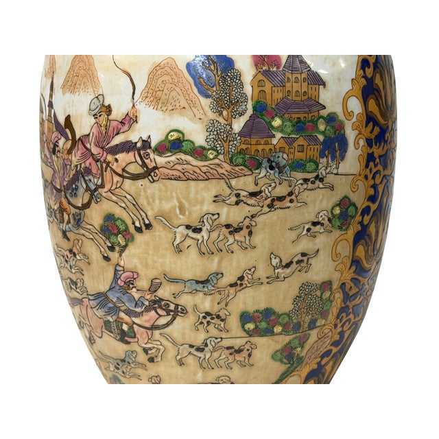 Vintage Style Beige Blue Hunting Scene Graphic Porcelain Art Jar For Sale - Image 11 of 13