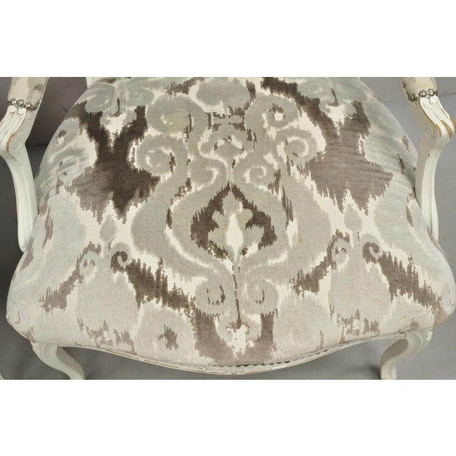 Wood Vintage French Country Louis XV Style White Distress Painted Arm Chairs - A Pair For Sale - Image 7 of 12