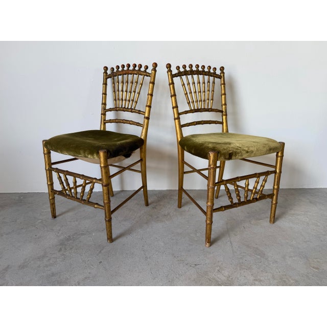 Hollywood Regency Antique Italian Faux Bamboo Gilt Wood Accent Chairs With Green Velvet Upholstery – A Pair Description: For Sale - Image 3 of 12