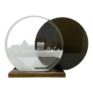1978 Signed Ronald Fox Reverse Carved Lucite Fishing Village With Green Background and Wood Stand