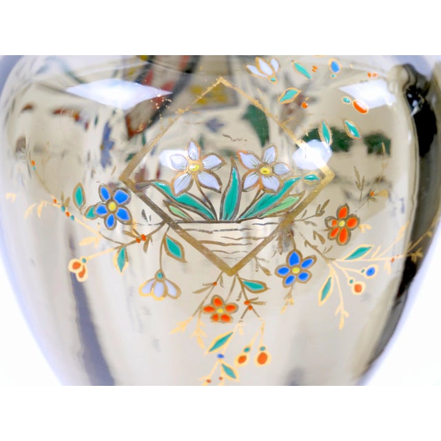 Pair Antique French Hand Gilt / Decorated Enameled Gray Tinted Glass Vases For Sale - Image 11 of 12