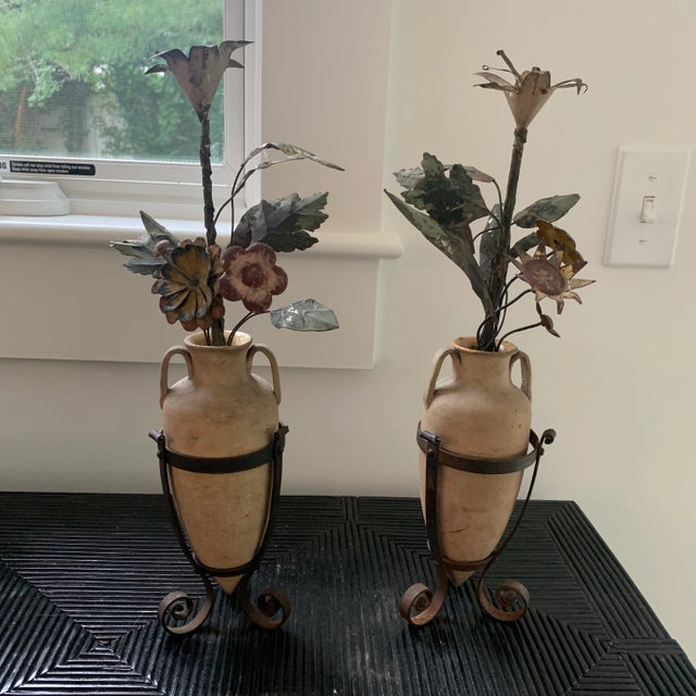 Antique French Tole Flowers in Pottery Urns- Pair