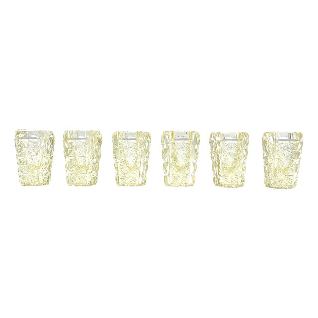 Antique Shot Glasses in Yellow Lead Crystal and Diamond Cut, 1890s, Set of 6 For Sale