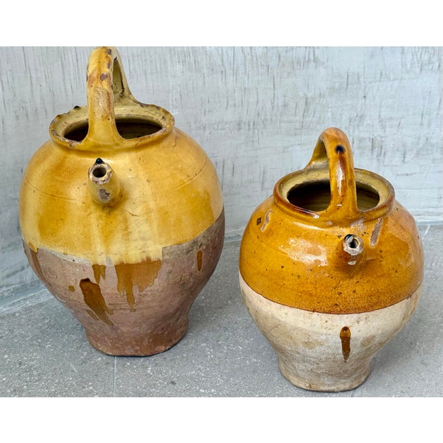 Mid 19th Century French 19th Century Antique Glazed Yellow Confit, Cruche Pot, Gargolette With Top Handle and Spout- A Pair For Sale - Image 5 of 12