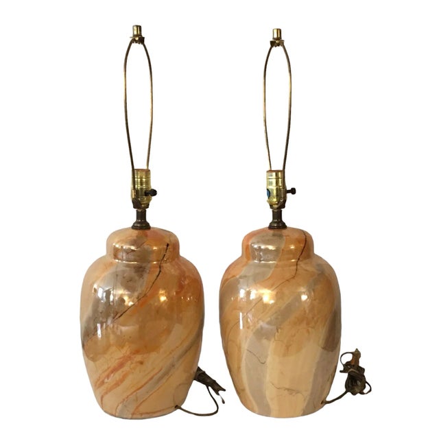 Glazed Ginger Jar Style Table Lamps - a Pair Classic mid-century glazed ceramic, ginger jar style table lamps. This is a...