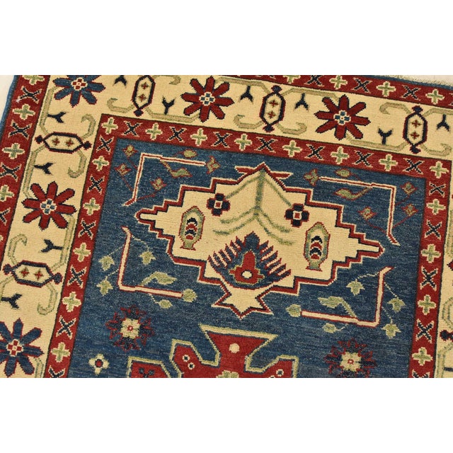 Kazak Rug 3’11” X 5’11” Blue Wool Tribal Hand-Knotted Oriental Carpet For Sale In Philadelphia - Image 6 of 12