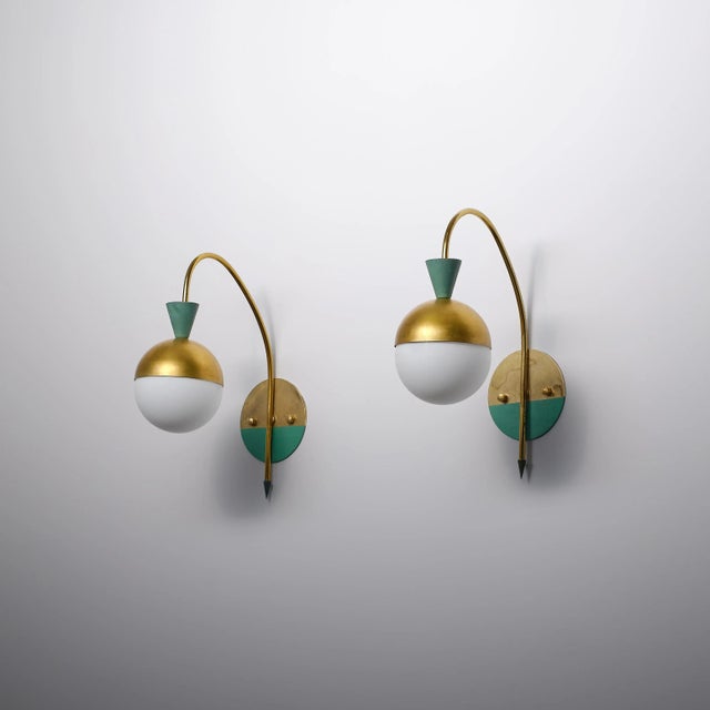 Italian Brass Sconces with Opaline Globes attributed to Stilnovo, 1950s, Set of 2 For Sale - Image 12 of 12