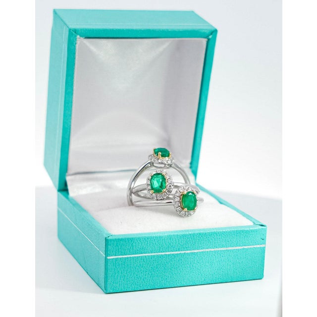 Early 21st Century 2/3 Carat Natural Emerald & Diamond Oval Halo 1.7mm Band Ring in 18K White Gold, Size 5.5 For Sale - Image 5 of 10