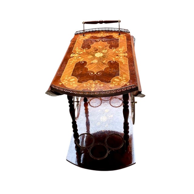 1960s Vintage Hollywood Regency Italian Folding‑Leaf Bar Cart in Wood & Brass For Sale - Image 9 of 10