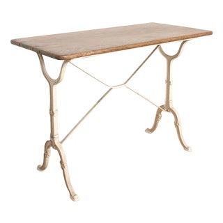 Antique French Wrought Iron Garden Bistro Table with Wooden Top, 1920s For Sale