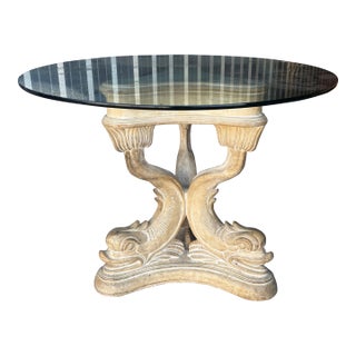 Mid 20th Century Italian Neoclassical Cast-Stone Koi Fish, Dolphin Pedestal Table With Glass Top For Sale