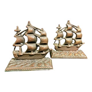 Pair of Nautical Brass Pirate Ship "Constitution" Cast Copper Vintage Bookends 1950's For Sale
