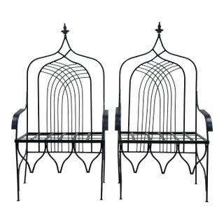 Substantial Vintage Wrought Iron Gothic Revival Cathedral Chairs, a Pair For Sale