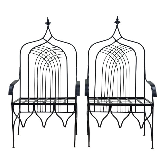 Substantial Vintage Wrought Iron Gothic Revival Cathedral Chairs, a Pair For Sale